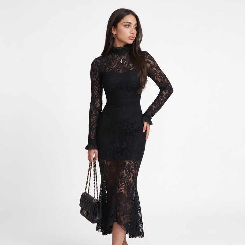 Veronika | Vestido largo negro de encaje