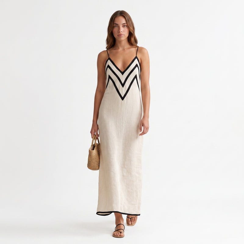 Monica | Vestido largo de lino estilo slip con bordes en contraste con motivo chevron