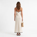 Monica | Vestido largo de lino estilo slip con bordes en contraste con motivo chevron
