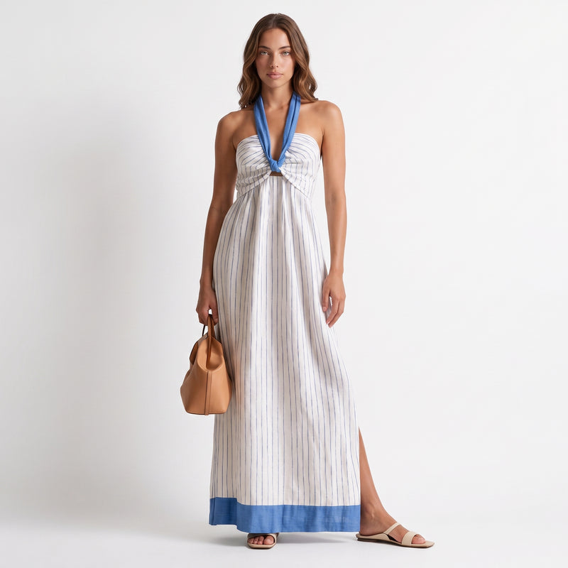 Laura | Vestido maxi de rayas con escote halter y ribete azul