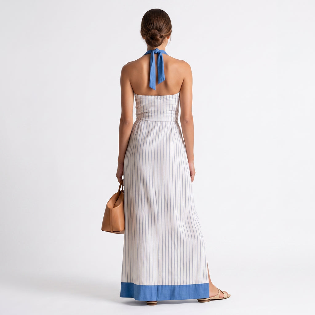 Laura | Vestido maxi de rayas con escote halter y ribete azul