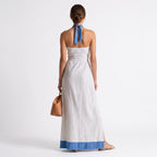 Laura | Vestido maxi de rayas con escote halter y ribete azul