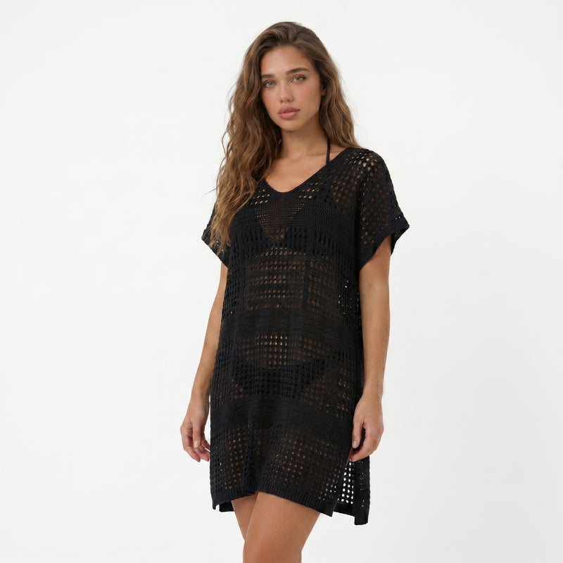 Vestido Playero Calado en Punto Negro