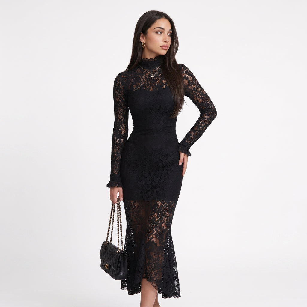 Veronika | Vestido largo negro de encaje